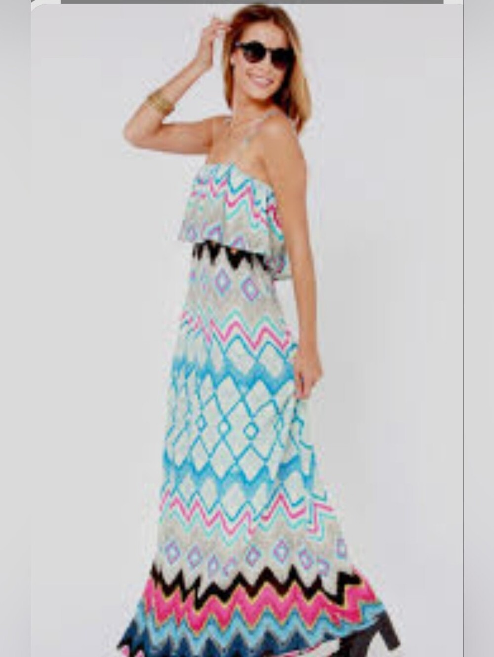 Art & Co Spagetti Straps Boho Maxi Dress  Geometric Print Aqua/Pink/Black Small